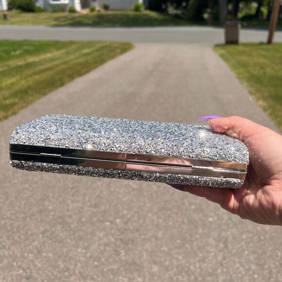 Silver Crystal Purse with Crystals on Front and Back & silver detachable chain - Picture 6 of 9